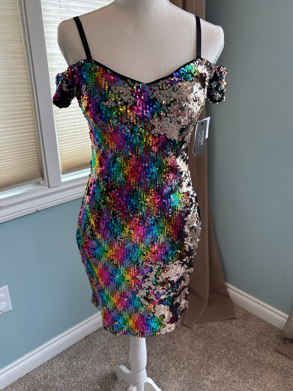 Guess Sequin Off-Shoulder Rainbow Party Dress